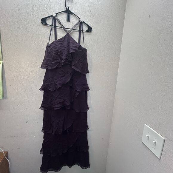 Daymor Couture 3451 Embellished Halter Layered Evening Dress Purple Silk SZ 10 - Picture 1 of 12